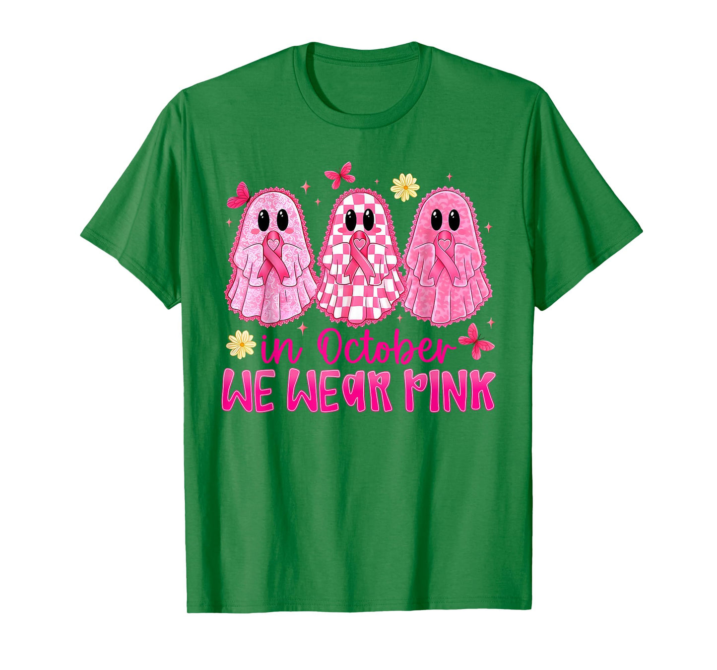 in October We Wear Pink Ghosts Halloween Breast Cancer Women T-Shirt