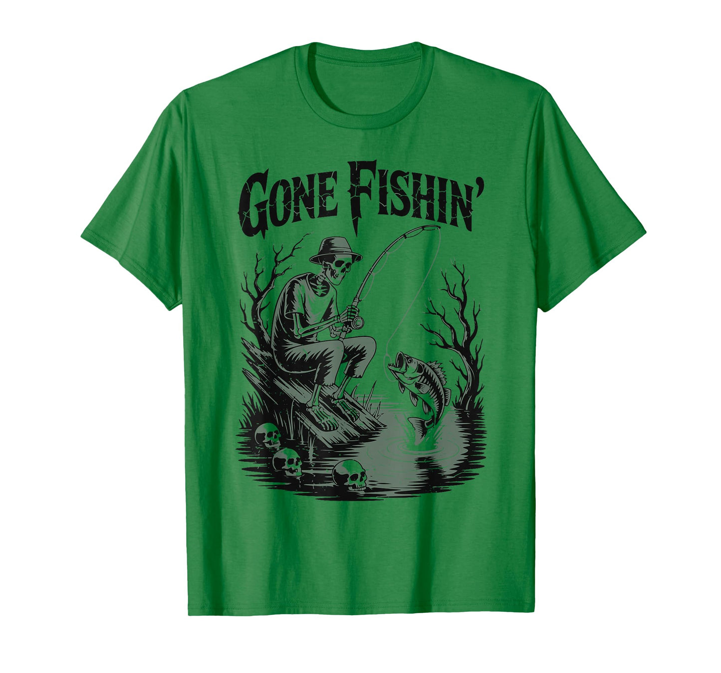 Gone Fishing Skeleton Halloween Bass Fish Funny Fisherman T-Shirt