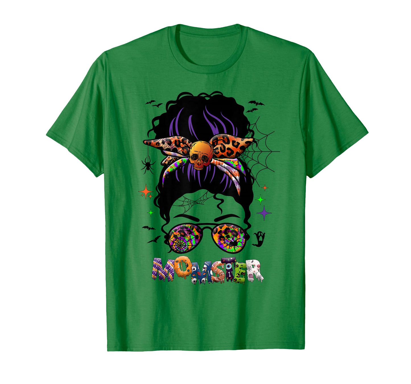 Momster Messy Bun Tie Dye Leopard Skull Halloween Costume T-Shirt