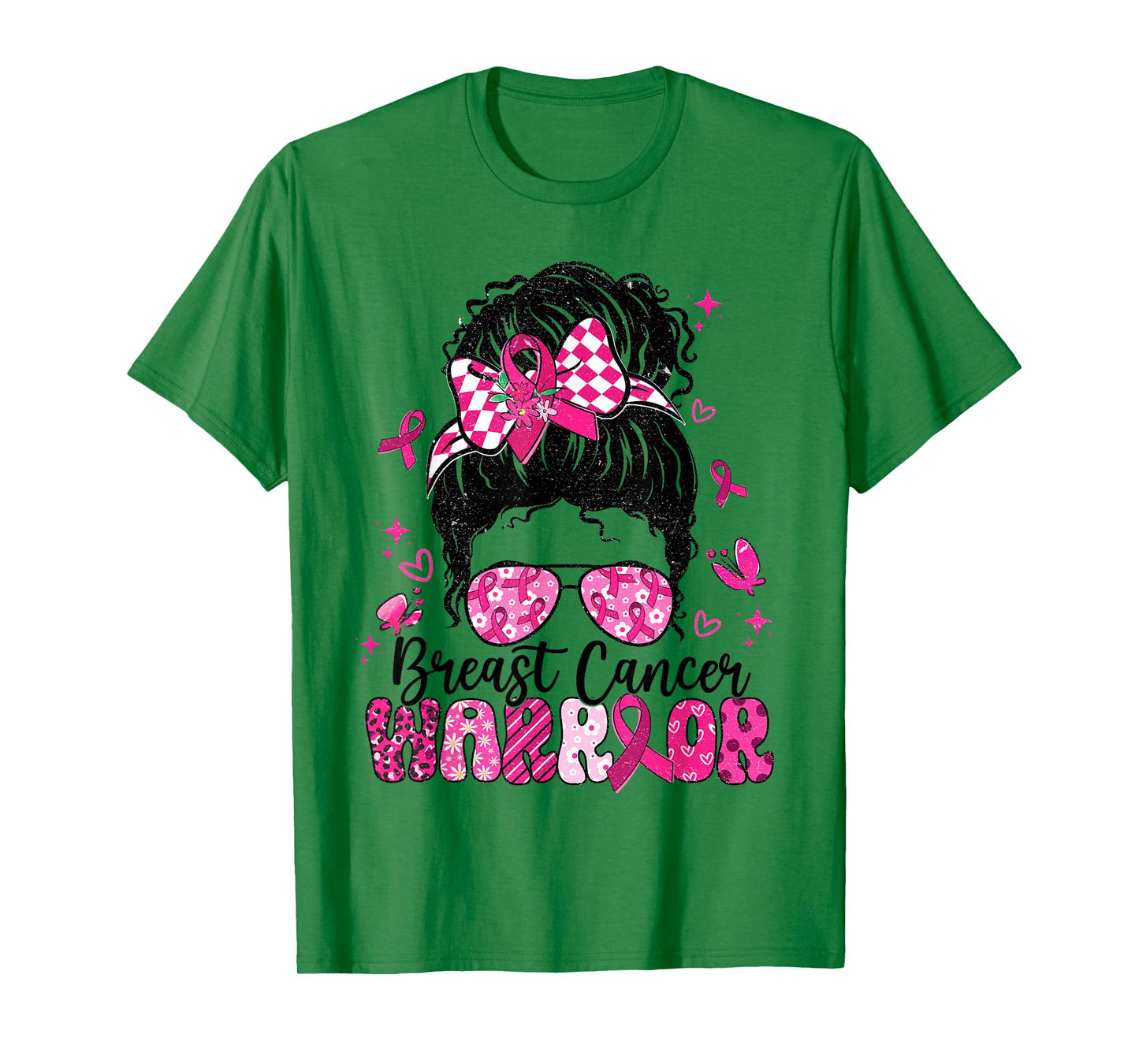 Warrior Messy Bun Pink Ribbon Breast Cancer Awareness T-Shirt