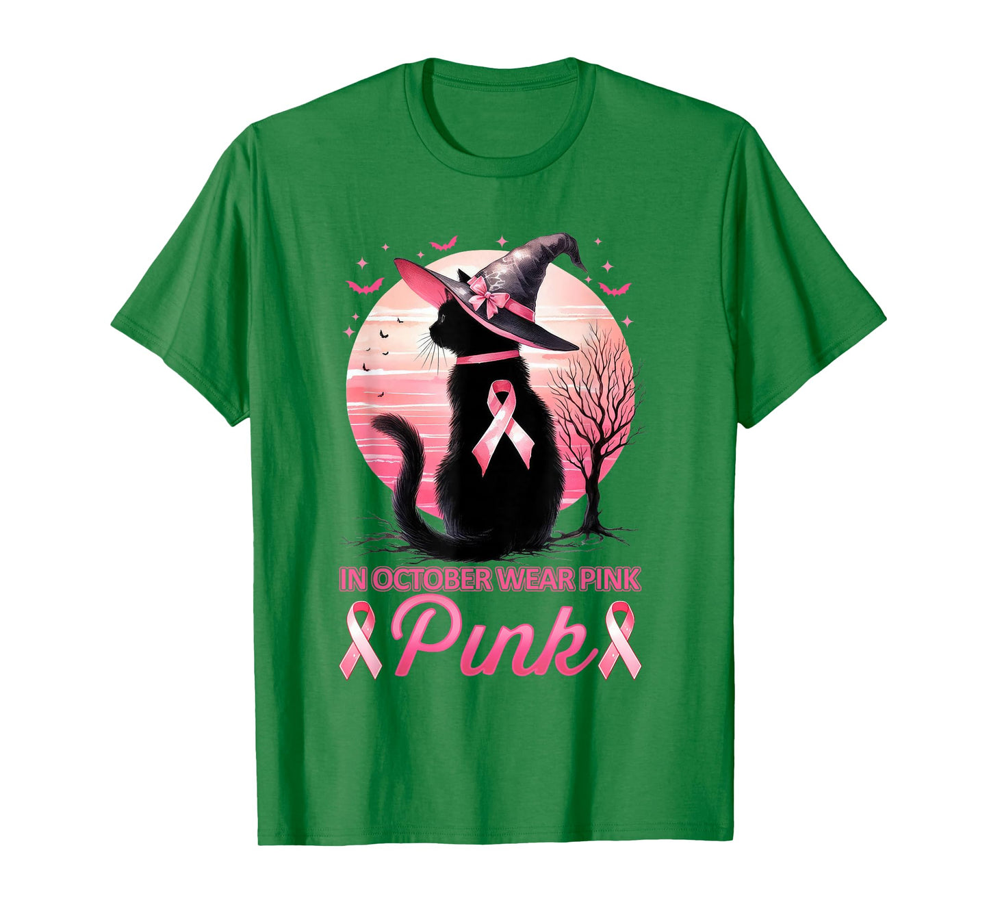 Cat In October We Wear Pink Ribbon Breast Cancer Awareness T-Shirt
