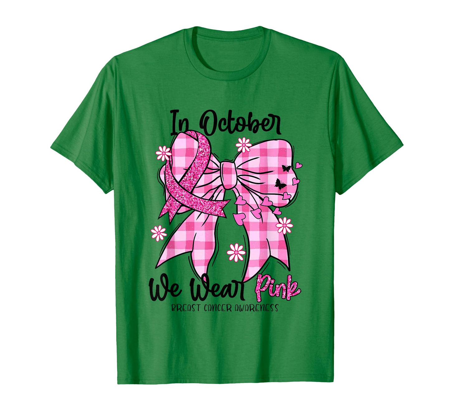 in October We Wear Pink Coquette Bow Breast Cancer Awareness T-Shirt