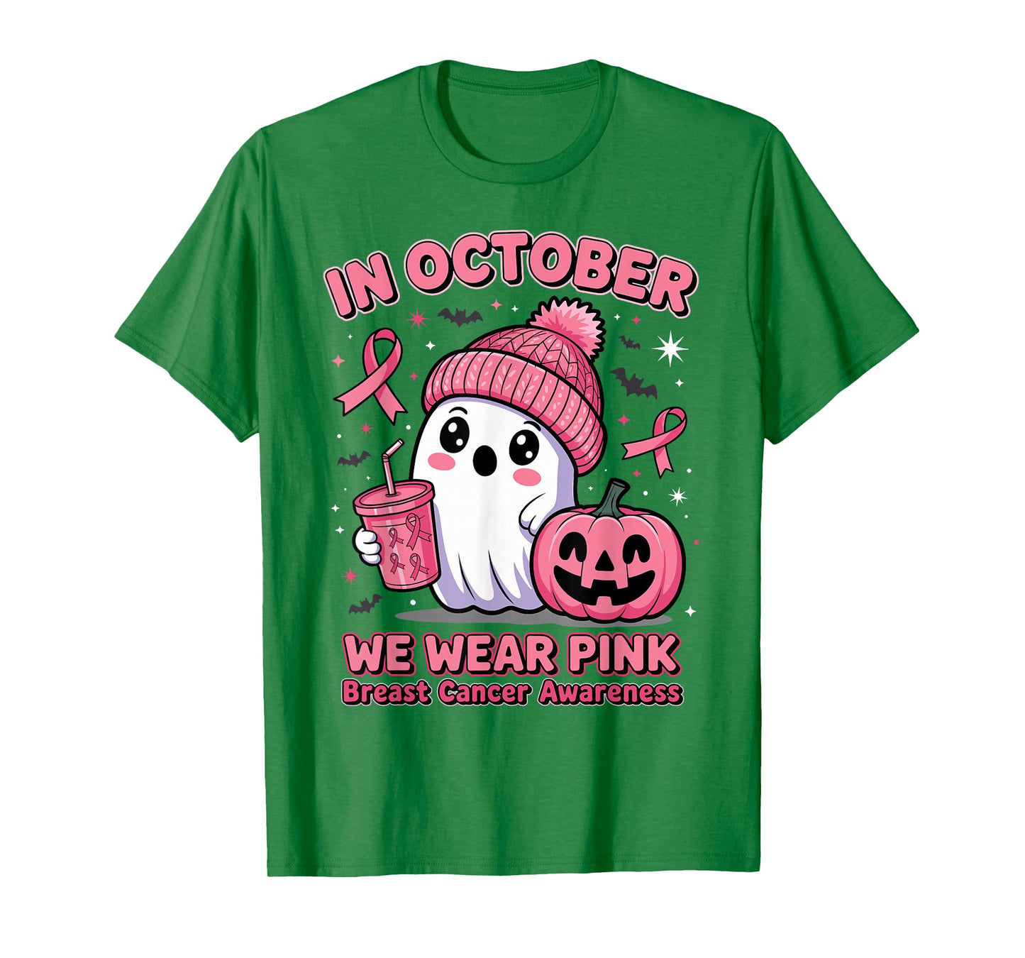 in October We Wear Pink Ghost Halloween Breast Cancer Women T-Shirt