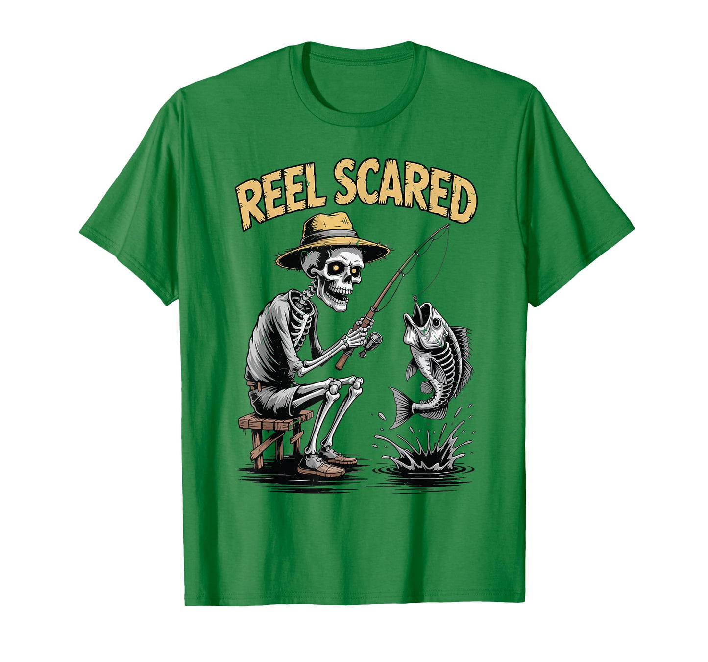 Youth Reel Scared Skeleton Fishing Halloween Funny Fisherman T-Shirt