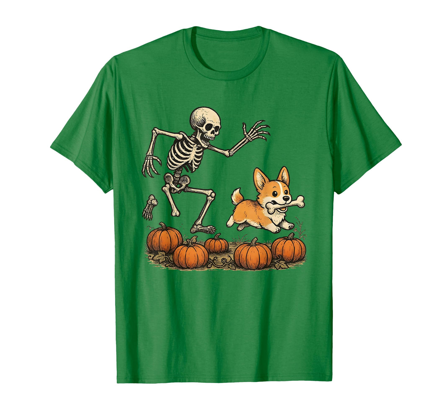 Funny Skeleton Chasing Corgi Halloween Dog Mom Pet Lover T-Shirt