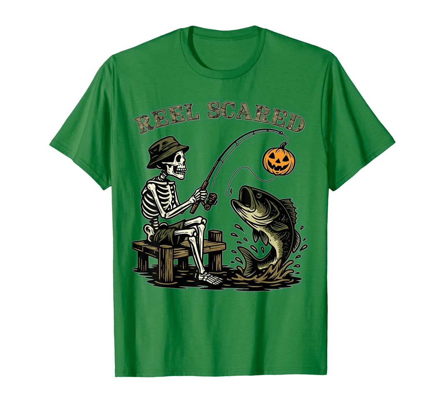 Reel Scared Camo Halloween Fishing Bass Skeleton Fisherman T-Shirt