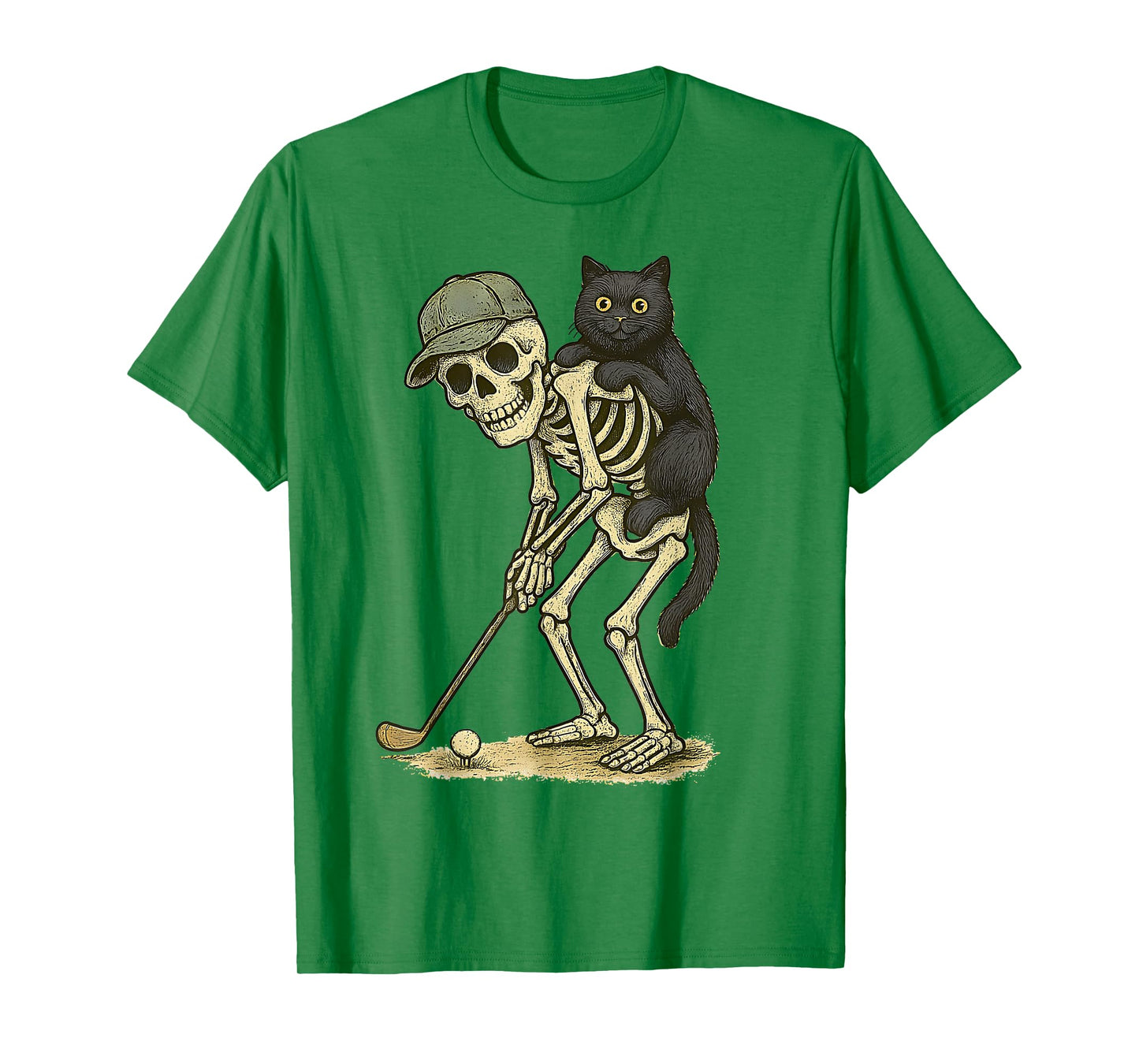 Skeleton Golf Hugging Black Cat Halloween Cat Lover Dad Mens T-Shirt