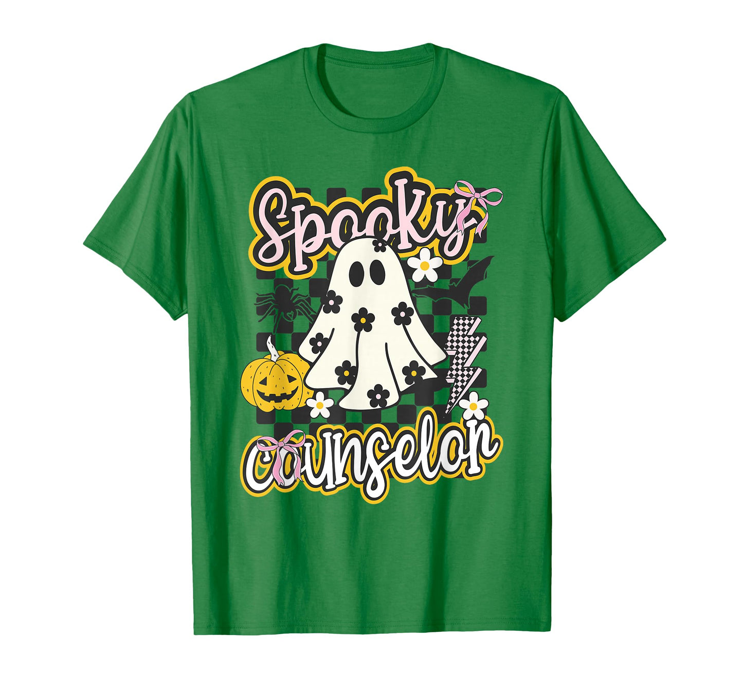 Spooky Counselor Groovy Preppy Halloween Ghost Checkered T-Shirt