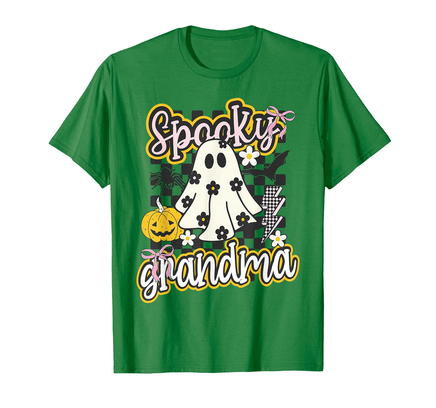 Spooky Grandma Groovy Preppy Halloween Ghost Checkered T-Shirt