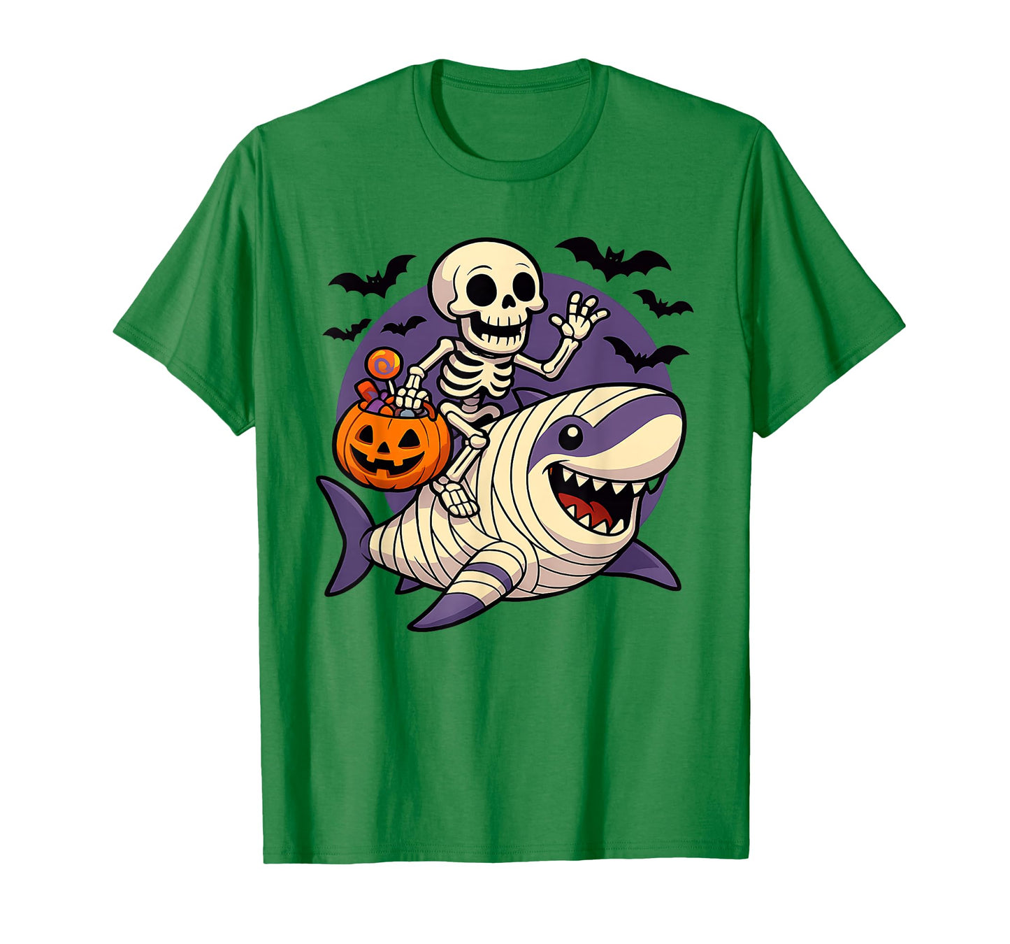 Skeleton Riding Mummy Shark Funny Halloween Pumpkin Kids T-Shirt