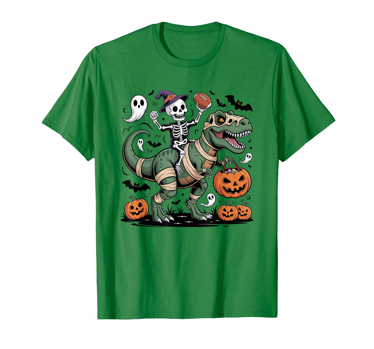 Football Skeleton Riding Mummy Dinosaur T-Rex Halloween Boys T-Shirt