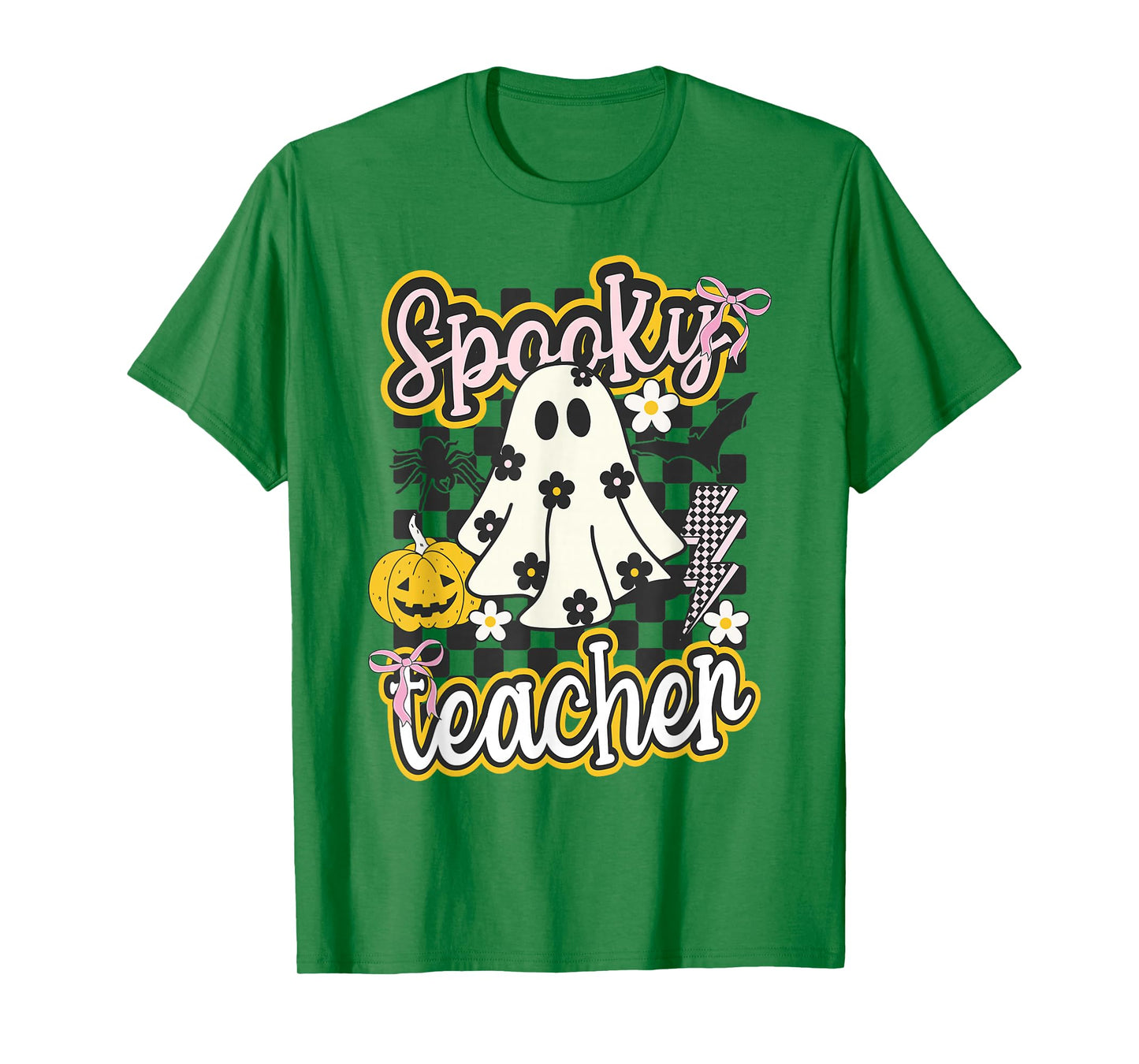 Spooky Teacher Groovy Preppy Halloween Ghost Checkered T-Shirt