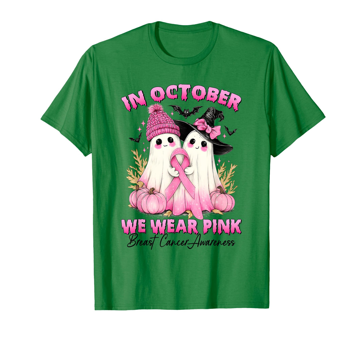 in October We Wear Pink Ghost Witch Breast Cancer Awareness T-Shirt