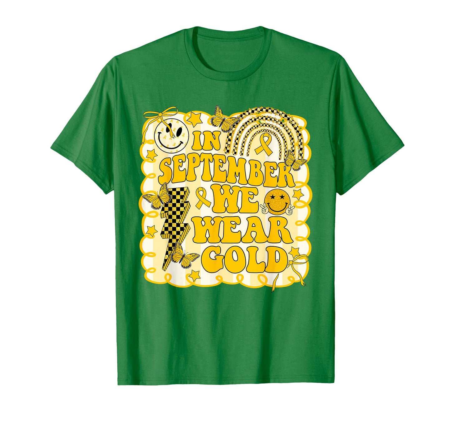 in September We Wear Gold Childhood Cancer Rainbow Butterfly T-Shirt