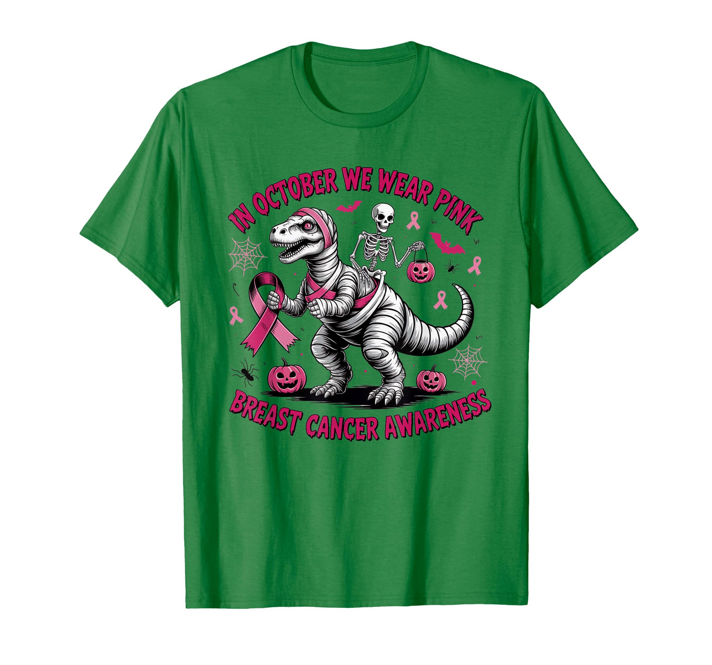 in October We Wear Pink Dinosaur Skeleton Breast Cancer T-Shirt