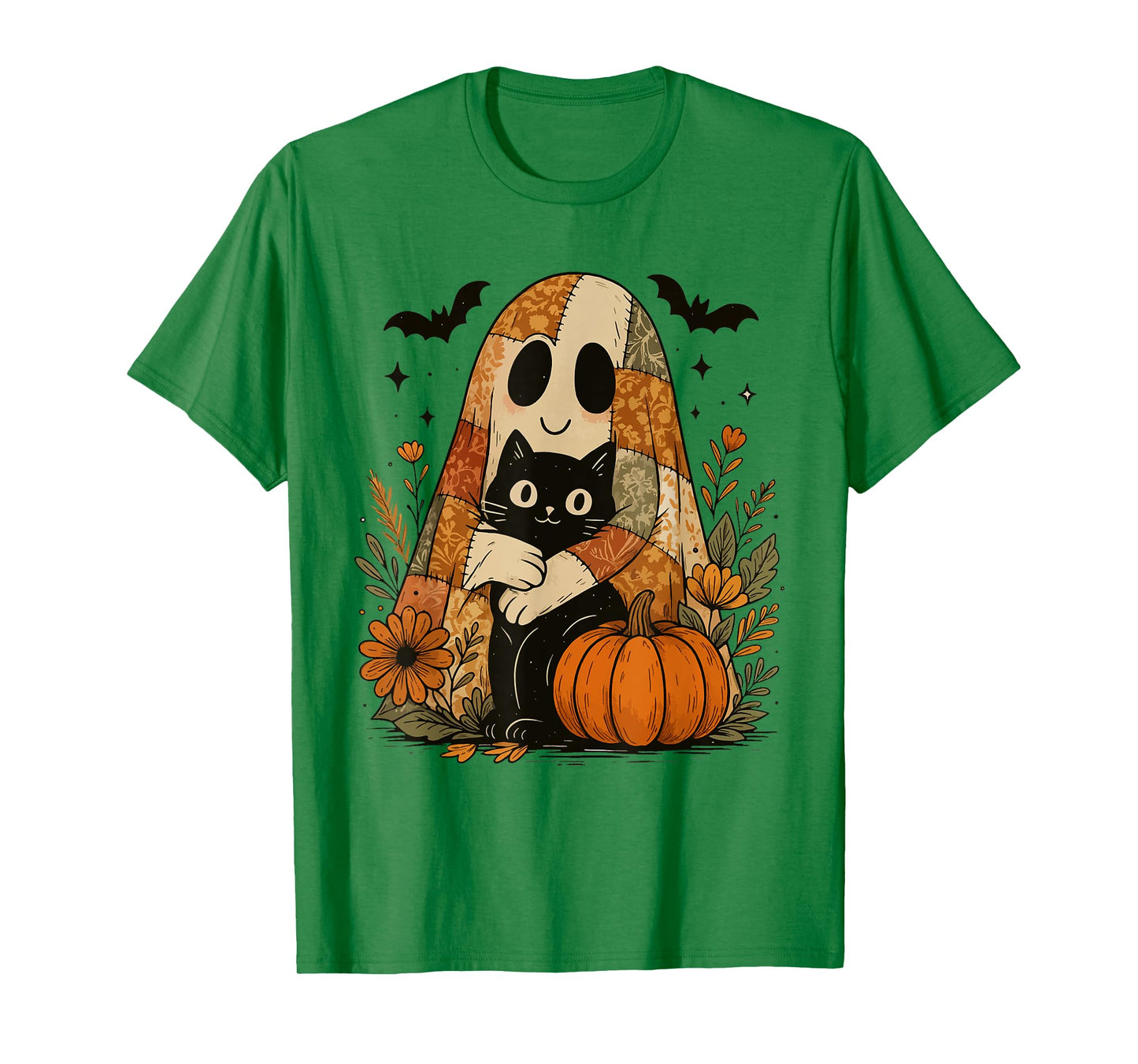 Cute Ghost Hugging Black Cat Halloween - Pumpkin Fall Floral T-Shirt