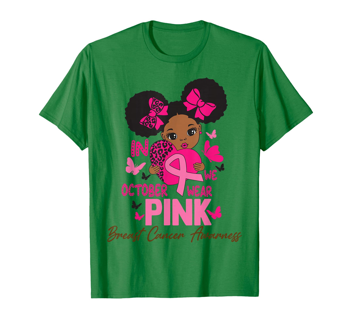 in October We Wear Pink Ribbon Black Girl Kids Breast Cancer T-Shirt
