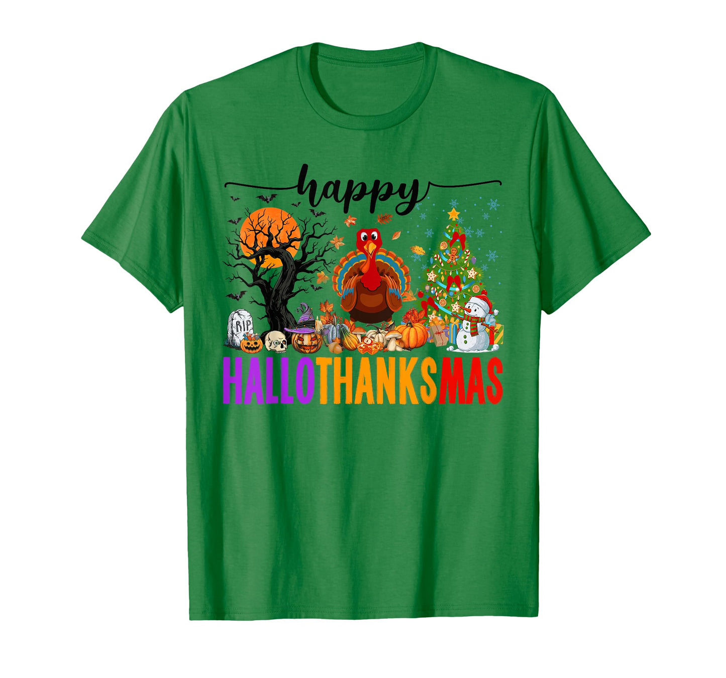 Happy Hallothanksmas Halloween Thanksgiving Christmas Kids T-Shirt