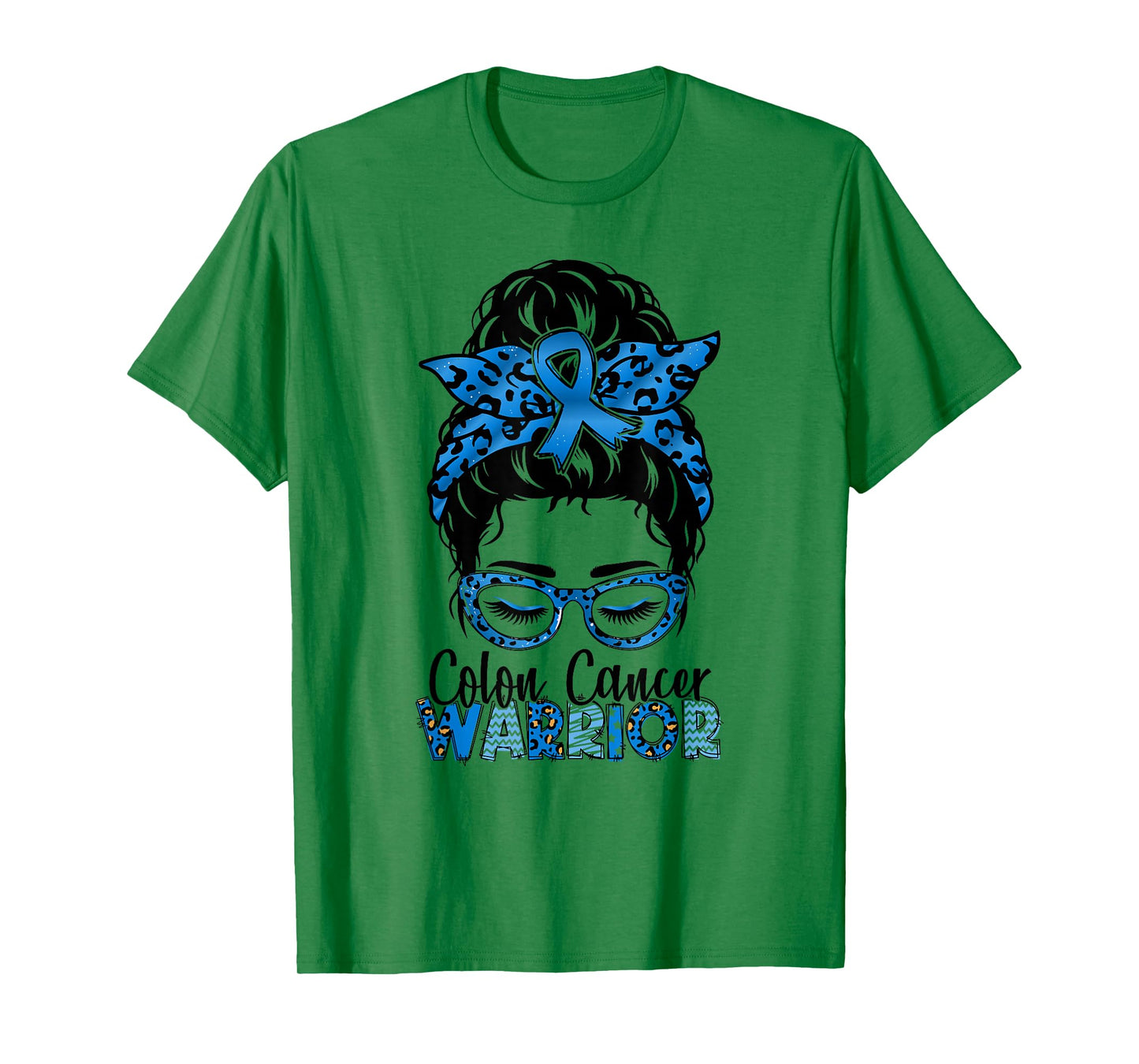 Worrior Messy bun Blue Colon Cancer Awareness Bleached T-Shirt