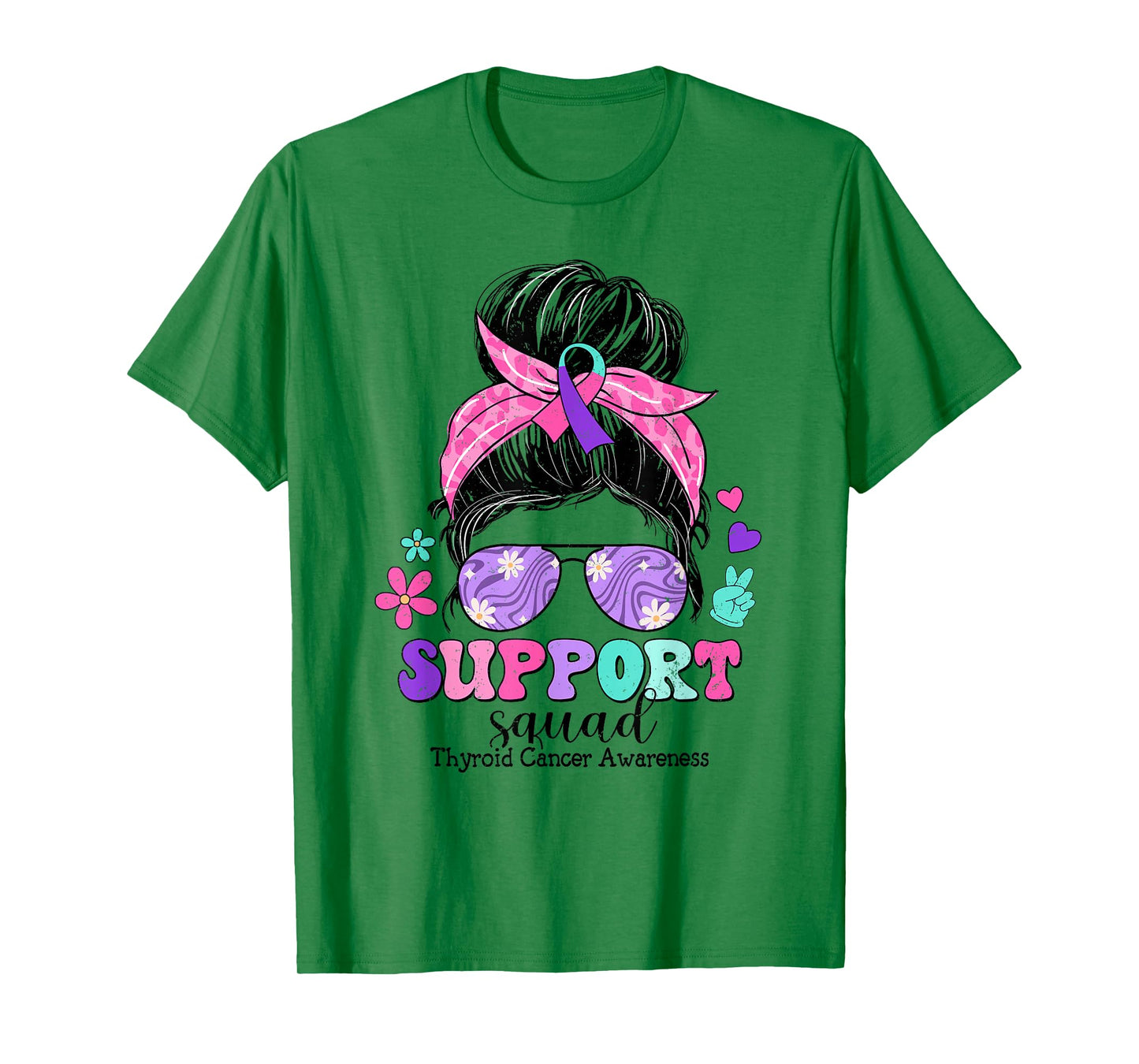 Groovy Support Squad Messy Bun Thyroid Cancer Awareness T-Shirt