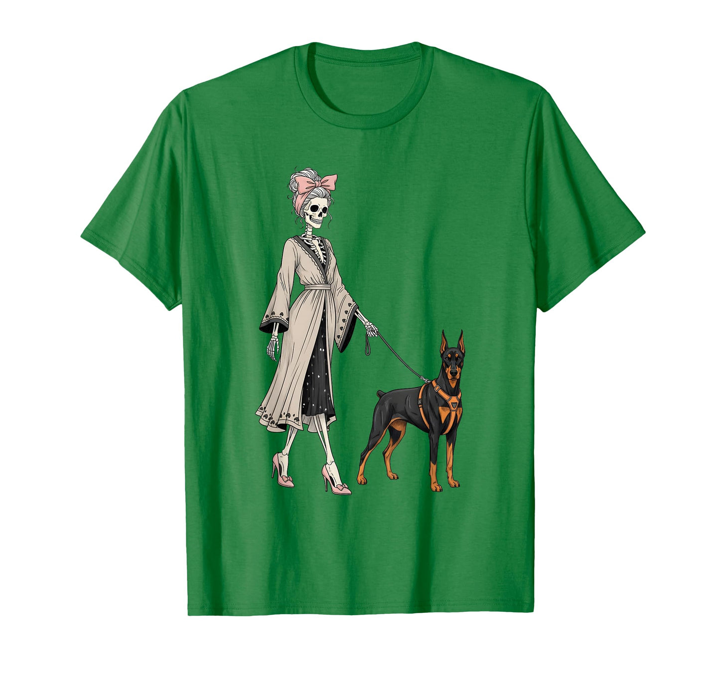 Skeleton Doberman Pinscher Dog Walking Halloween Women T-Shirt