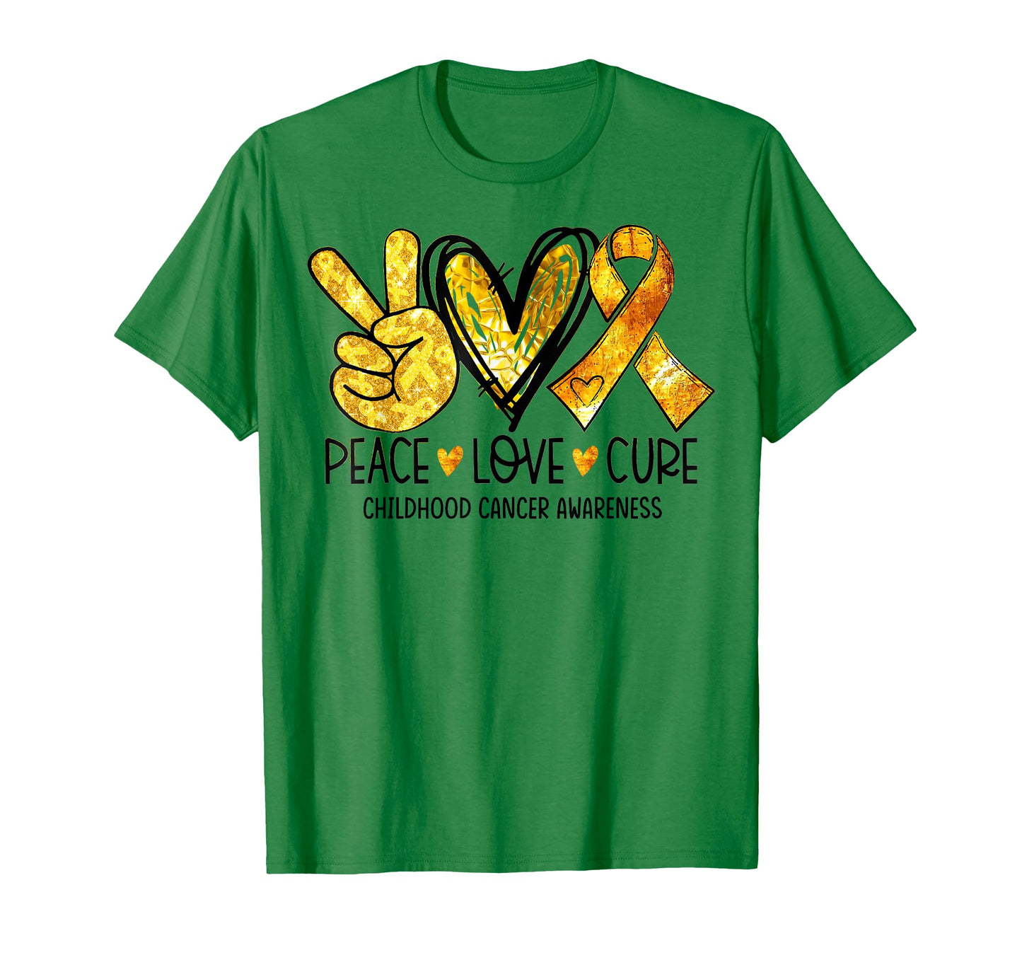 Peace Love Cure Gold Heart Ribbon Childhood Cancer Awareness T-Shirt