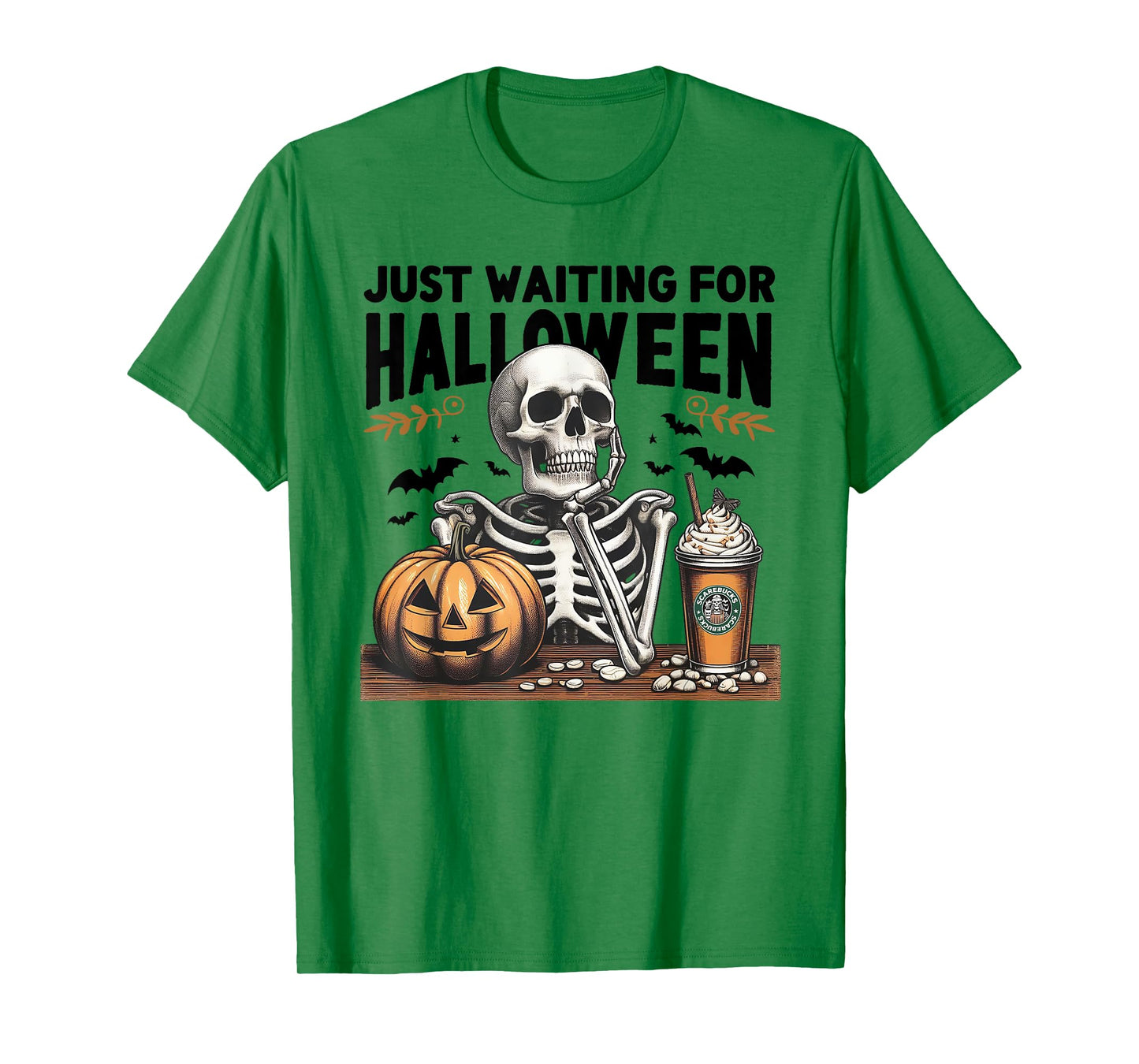 Just Waiting For Halloween Skeleton Ice Coffee Pumpkin T-Shirt