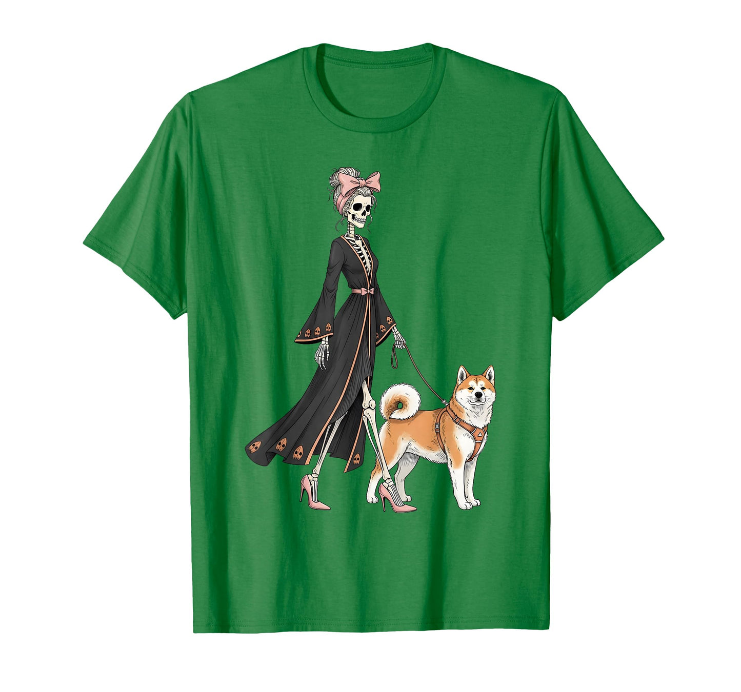 Skeleton Akita Dog Walking Halloween Women T-Shirt