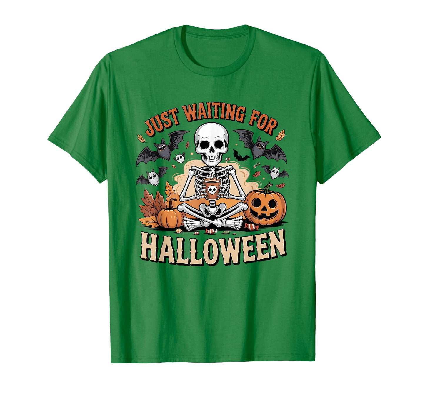 Just Waiting for Halloween Skeleton Pumpkin Spooky Fall T-Shirt