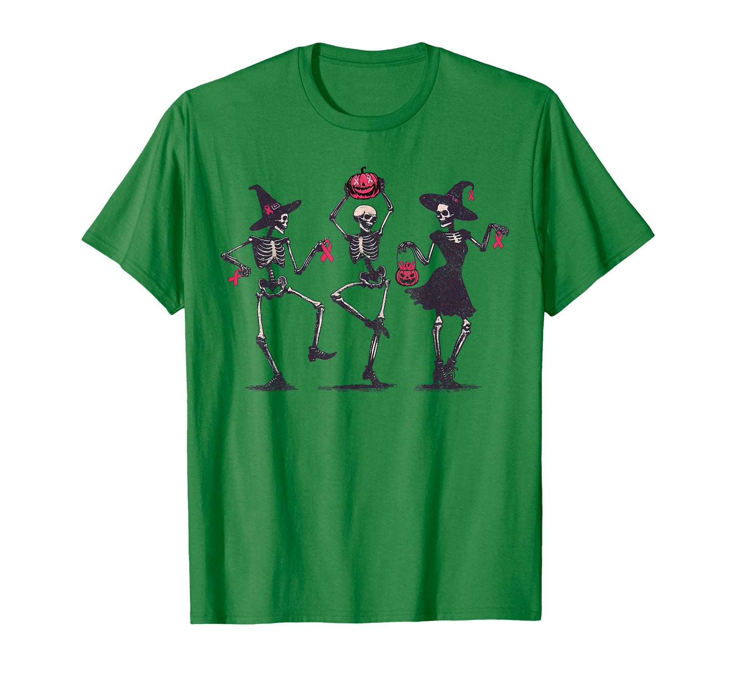 Dancing Skeleton Witch Pink Ribbon Breast Cancer Halloween T-Shirt