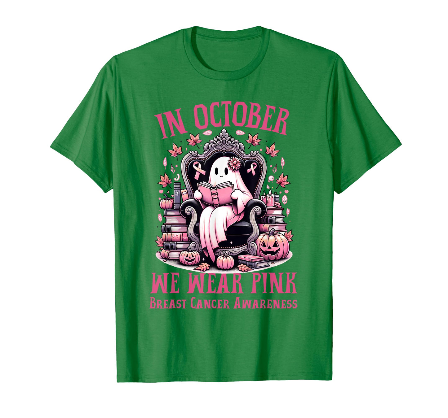 In October We Wear Pink Ghost Book Reading Breast Cancer T-Shirt