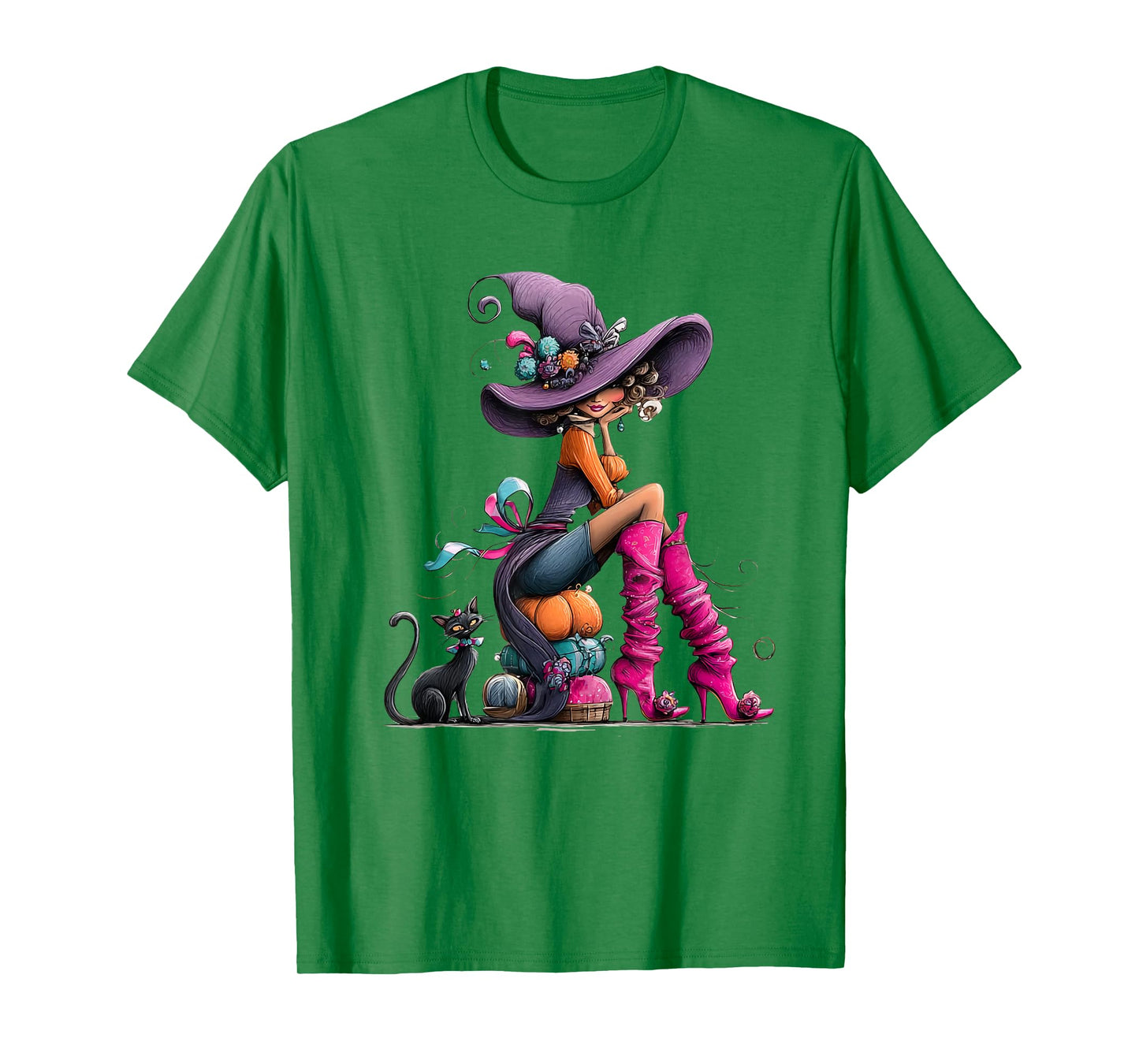 Spooky Witch High Heels with Black Cat Halloween Pumpkin T-Shirt