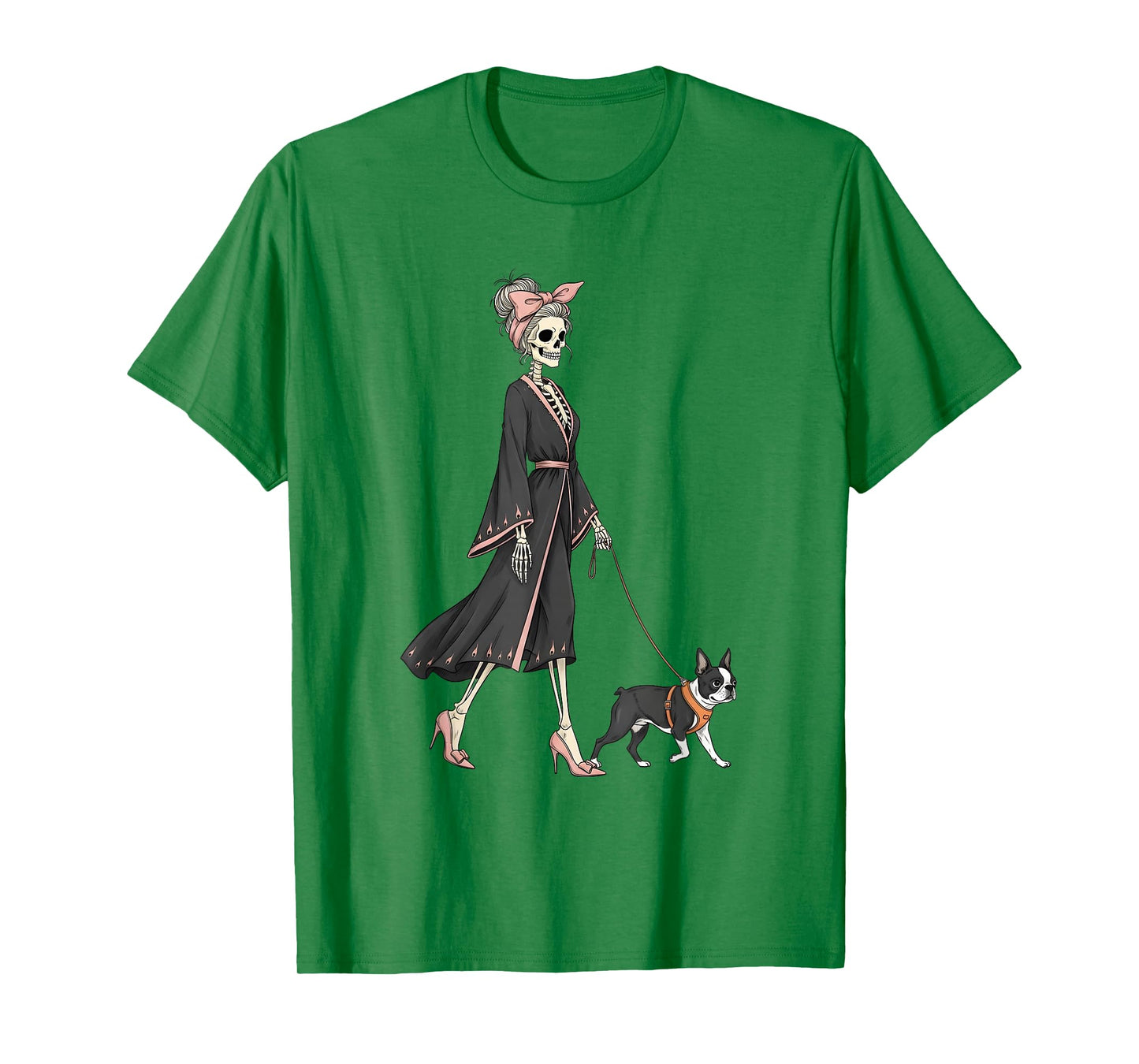 Skeleton Boston Terrier Dog Walking Halloween Women T-Shirt
