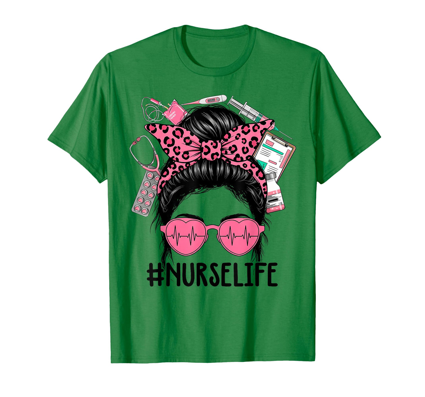 Nurse Life Pink Leopard Messy Bun Nurse Week Girl Women T-Shirt