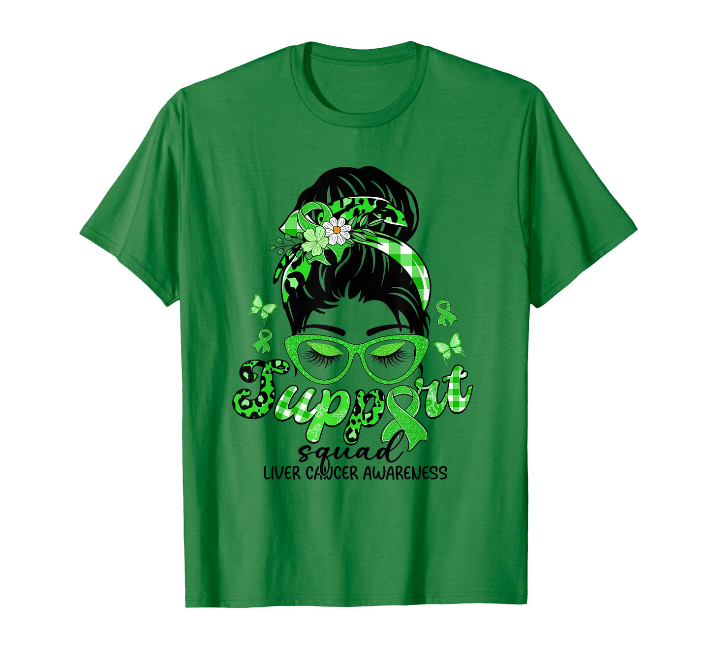 Support Squad Messy Bun Leopard Liver Cancer Awareness T-Shirt