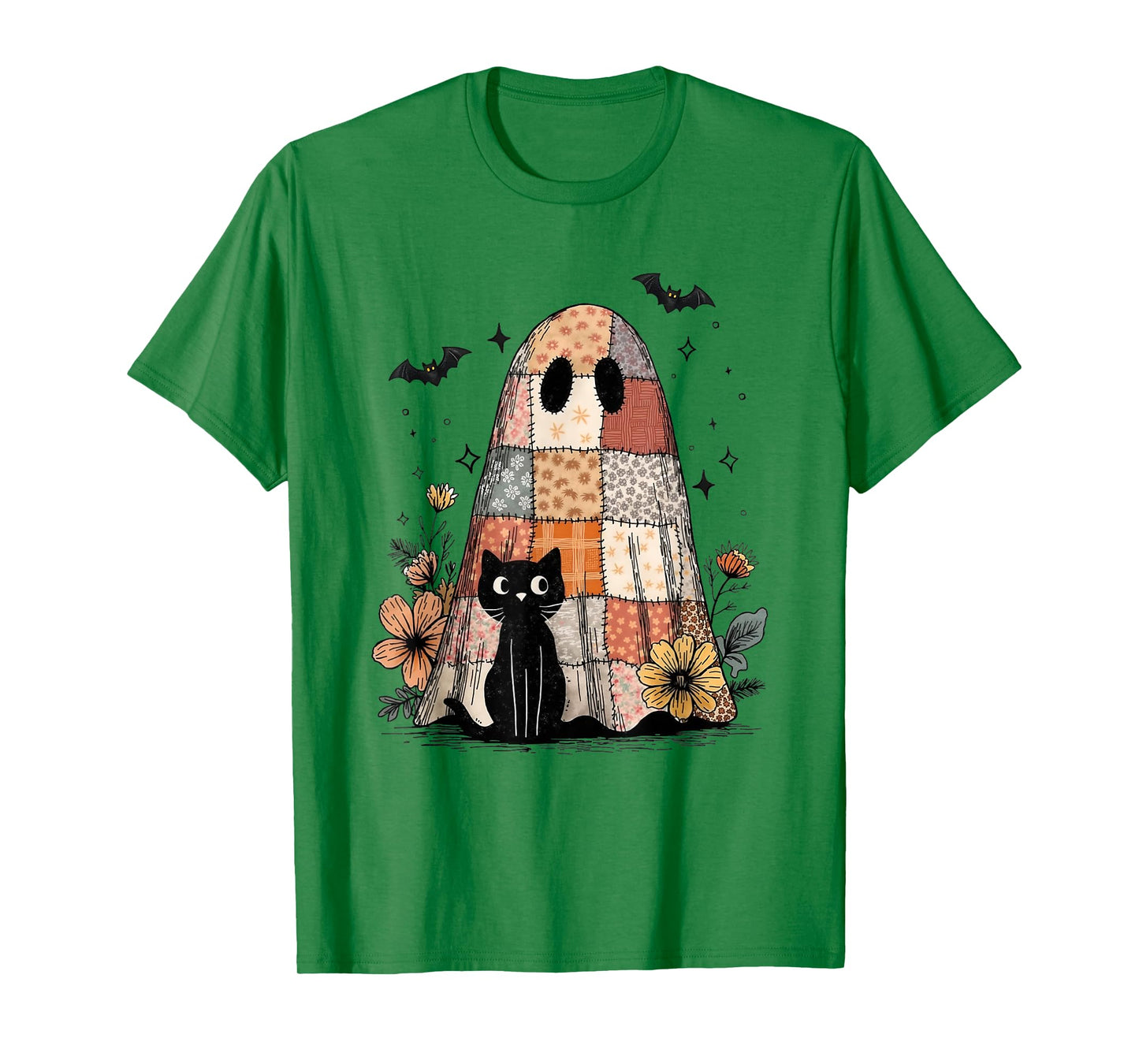 Preppy Retro Floral Patchwork Ghost and Black Cat Halloween T-Shirt