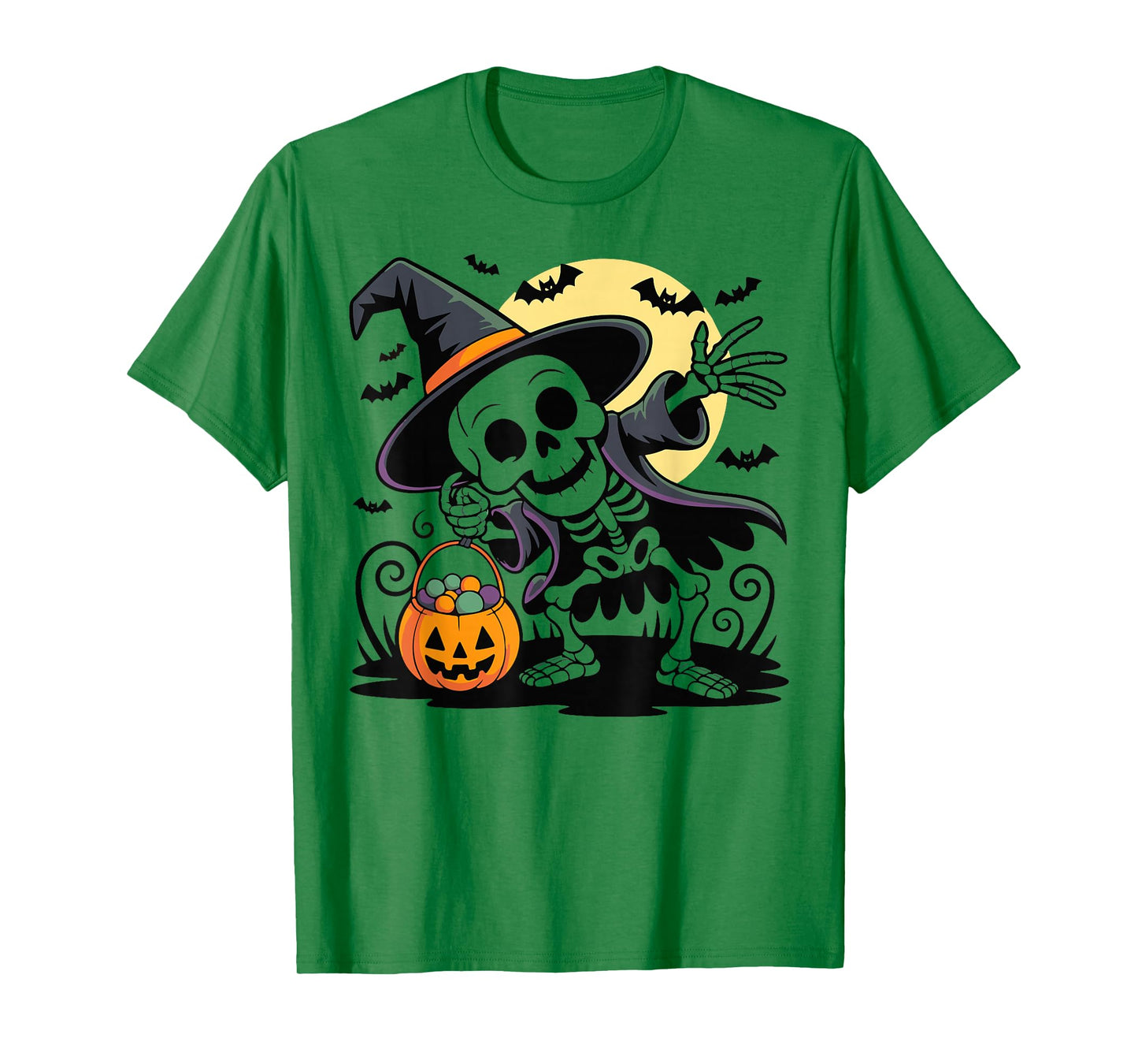 Spooky Skeleton with Pumpkin Moon Bats Halloween Men Women T-Shirt