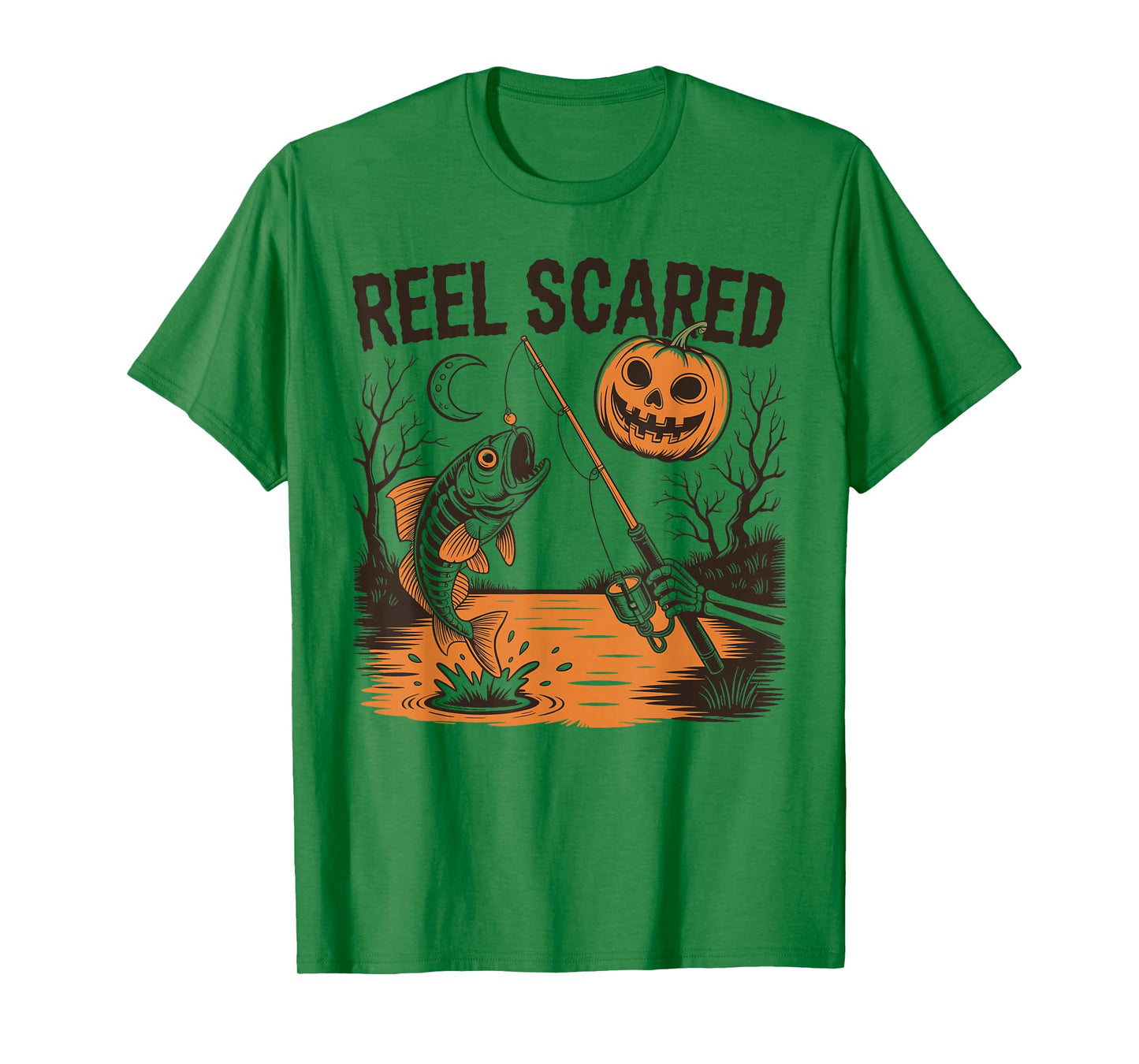 Reel Scared Halloween Fishing Skeleton Pumpkin Fish T-Shirt
