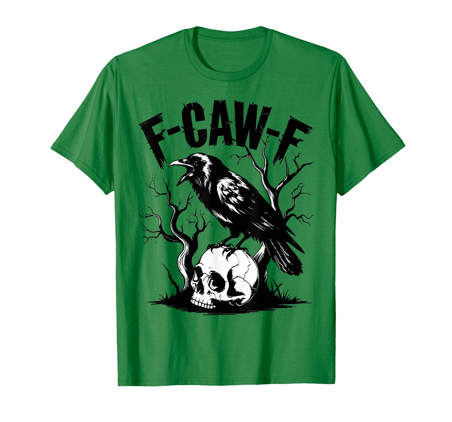 Dark Raven Perched on Skull with F-CAW-F Gothic Horror Art T-Shirt