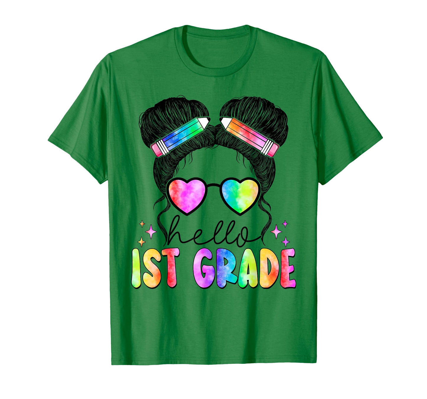 Messy Hair Bun Girl Back To School First Day Hello 1st Grade T-Shirt