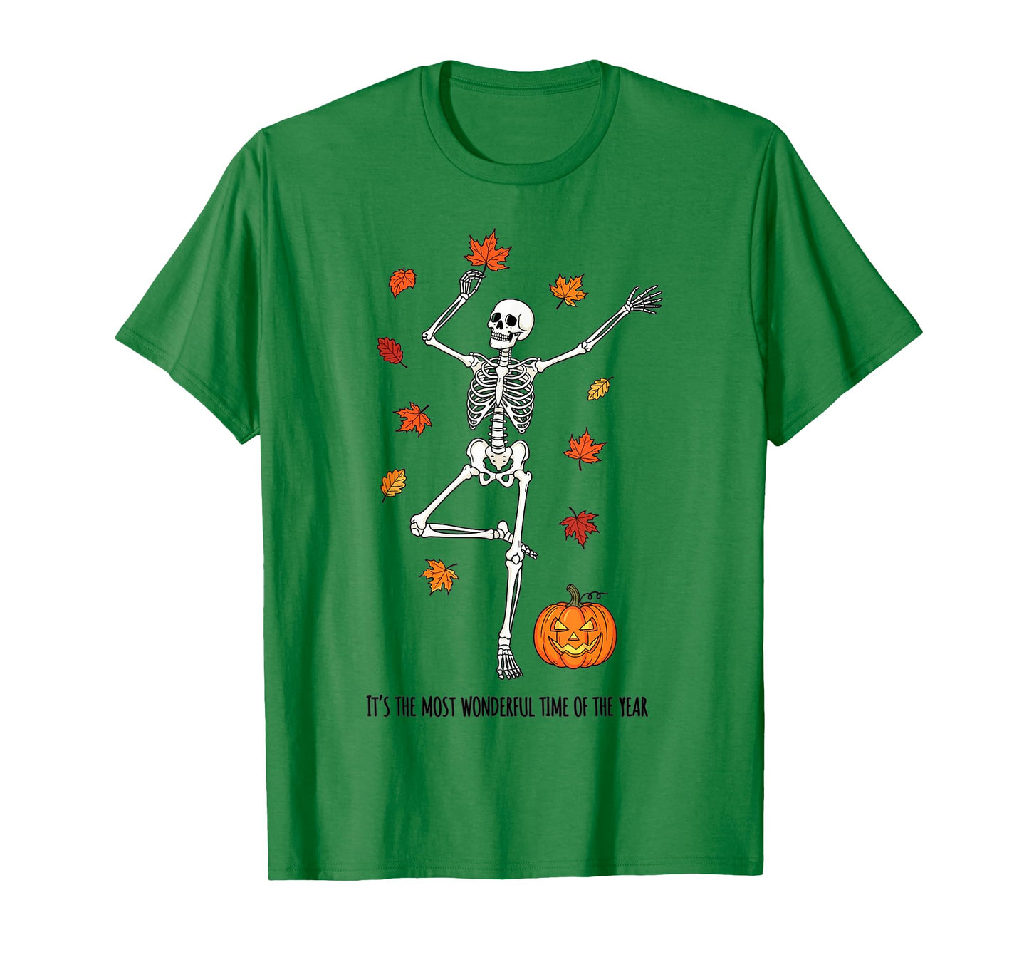 Skeleton Fall Leaves Pumpkin Funny Halloween Season T-Shirt