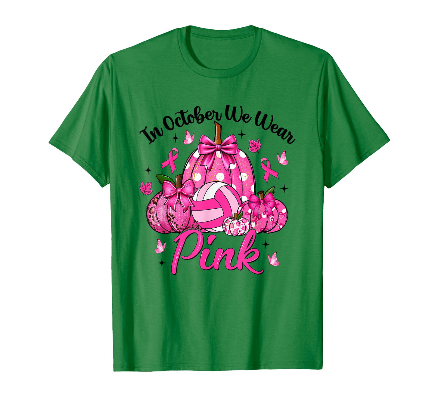 in October We Wear Pink Volleyball Pumpkin Breast Cancer T-Shirt