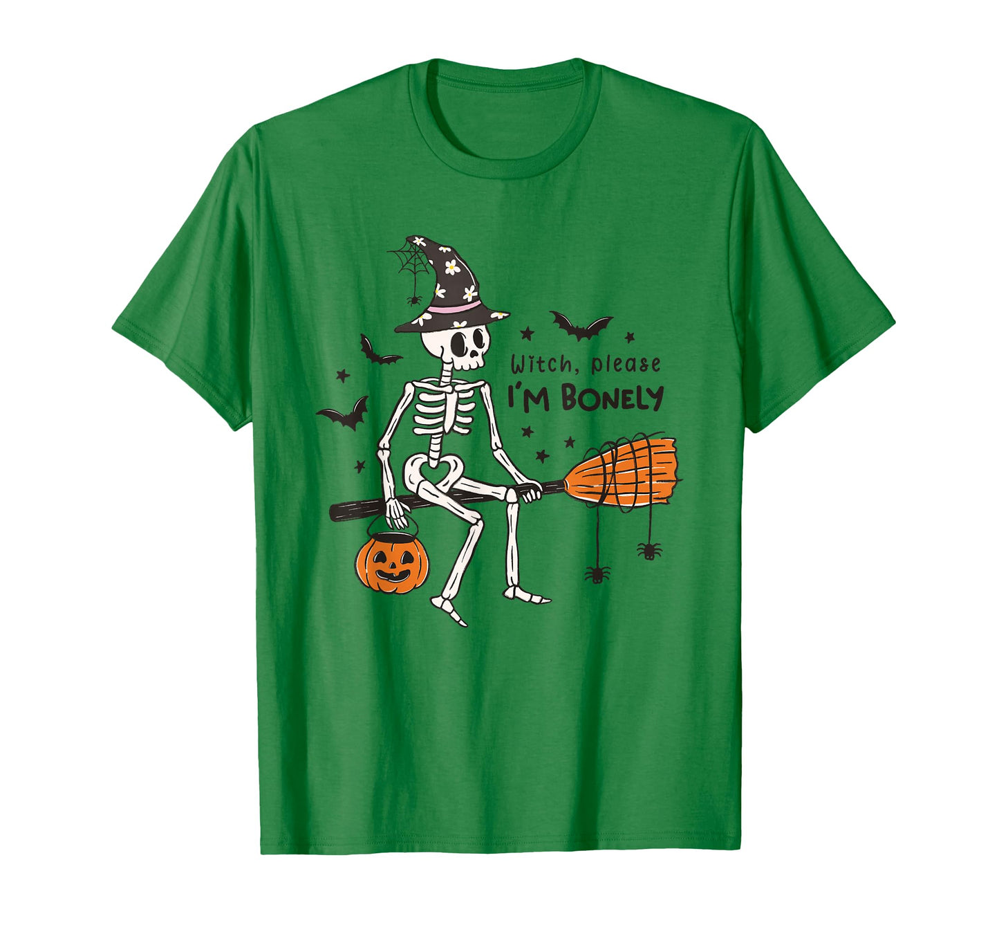 Funny Skeleton Witch Broom Halloween Trick or Treat Costume T-Shirt