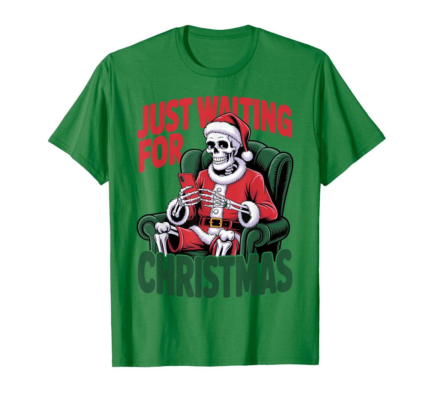Just Waiting for Christmas Skeleton in Santa Hat Men Women T-Shirt