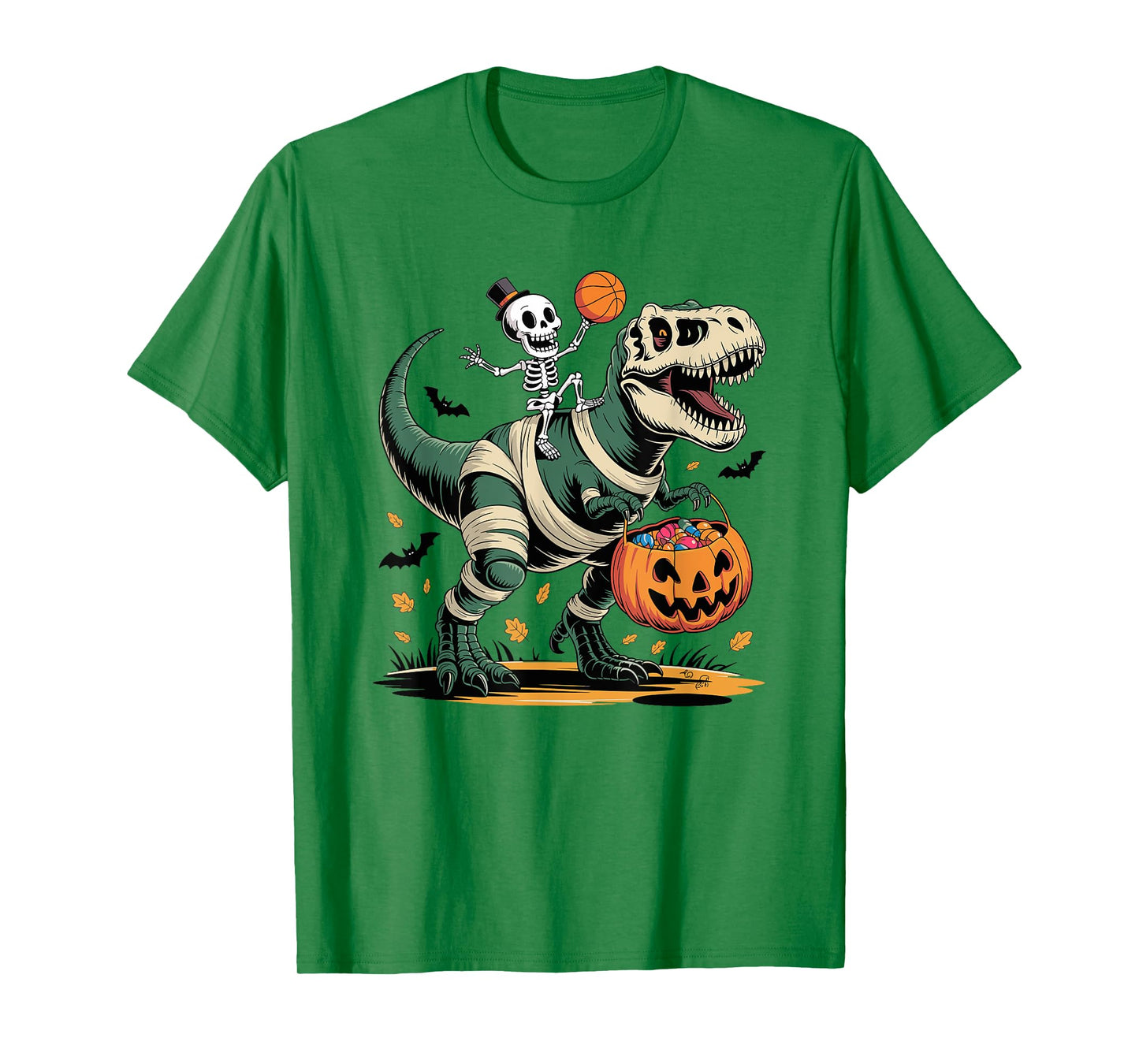 Basketball Skeleton Riding Mummy Dinosaur T-Rex Halloween T-Shirt