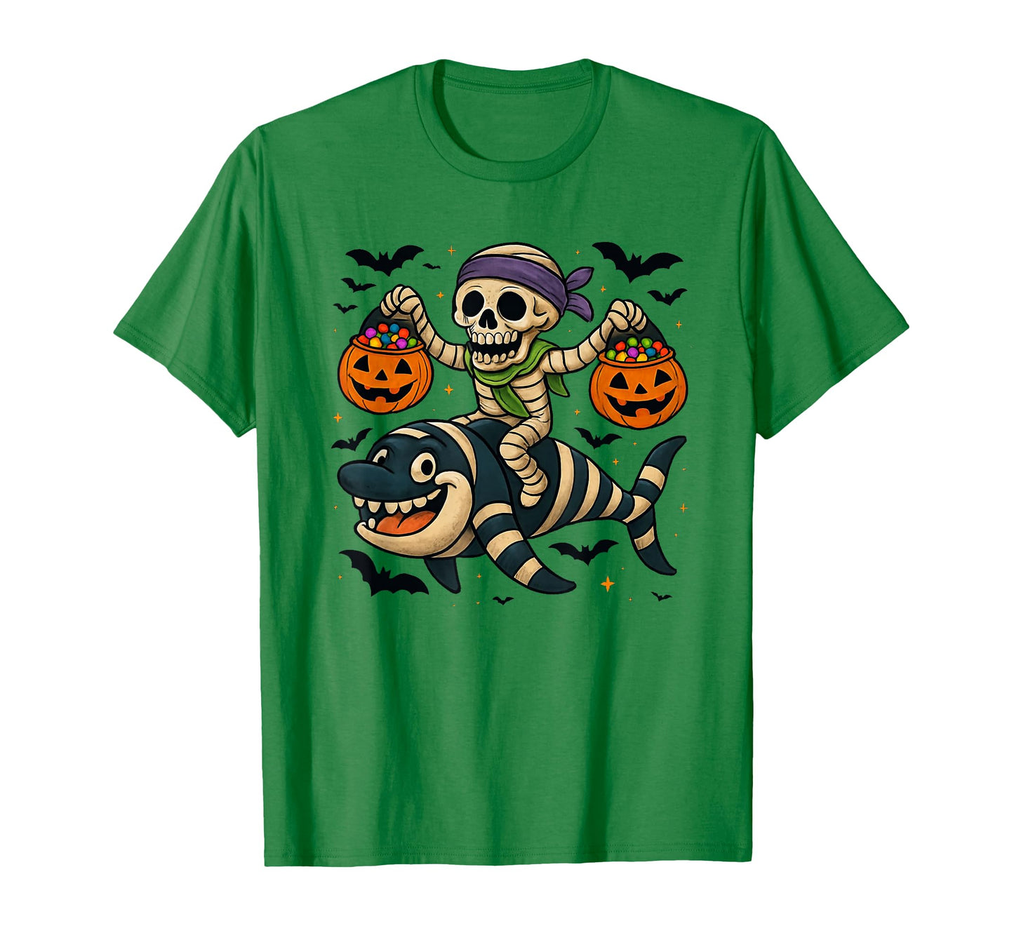Skeleton Riding Mummy Orca Halloween Candy Whale T-Shirt
