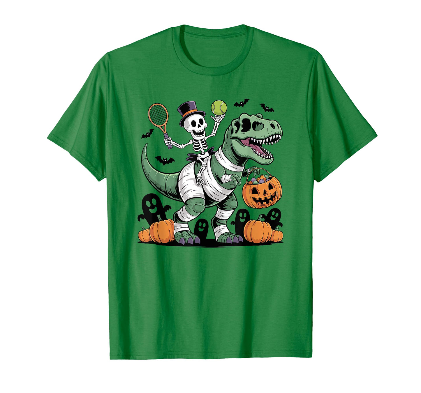 Tennis Skeleton Riding Mummy Dinosaur T-Rex Halloween Boys T-Shirt