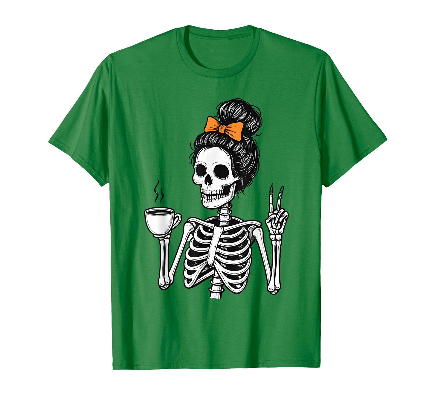 Halloween Skeleton Messy Bun Coffee Funny Spooky Costume T-Shirt