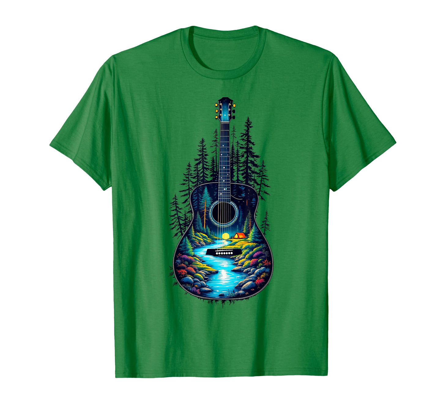 Guitar Lake Reflections Forest Pine Tree Moon Camp Guitarist T-Shirt