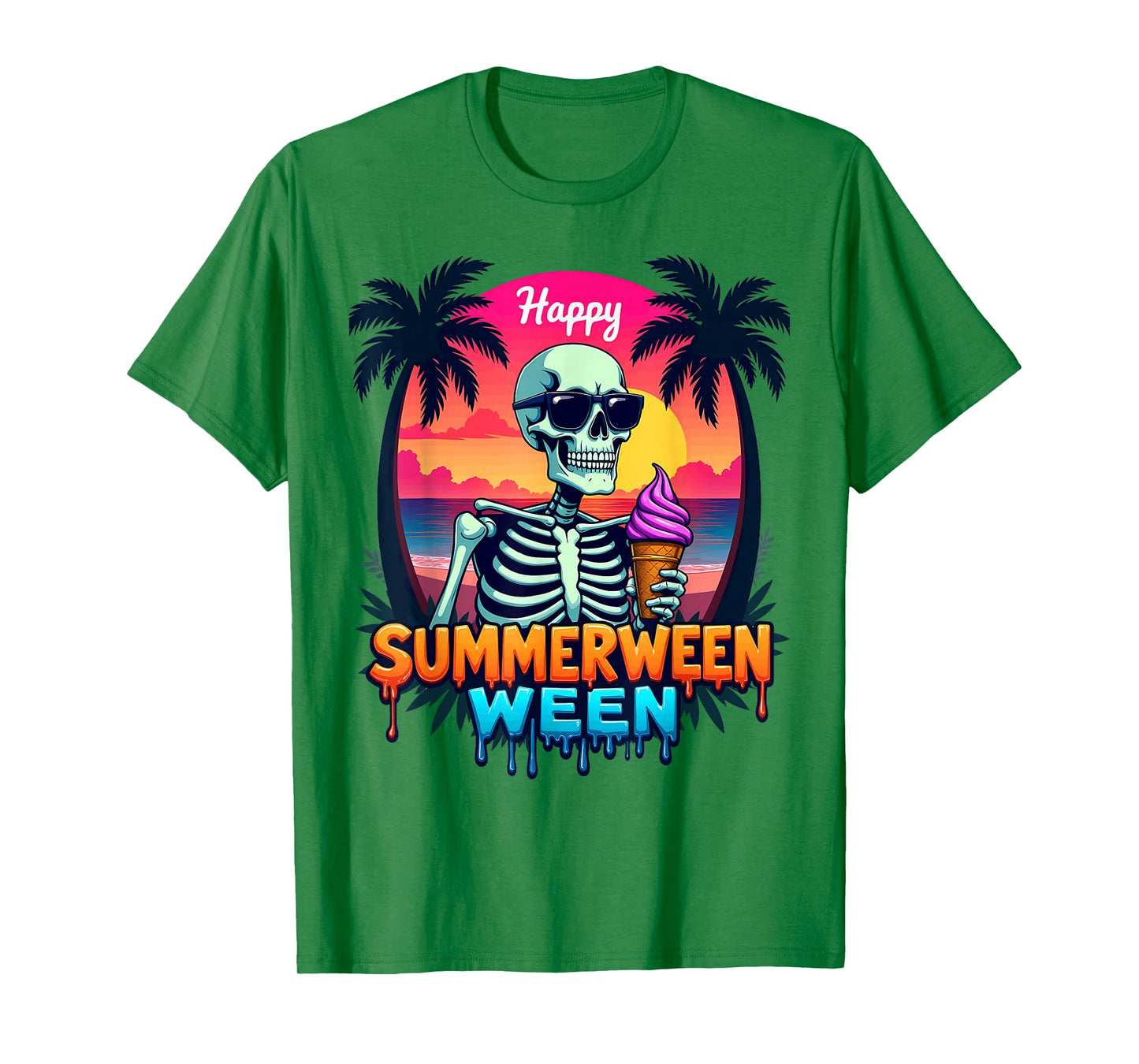 Summer Vacation Tropical Beach Skeleton Happy Summerween T-Shirt